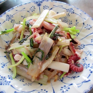 タコと赤からし菜のペペロン蕎麦